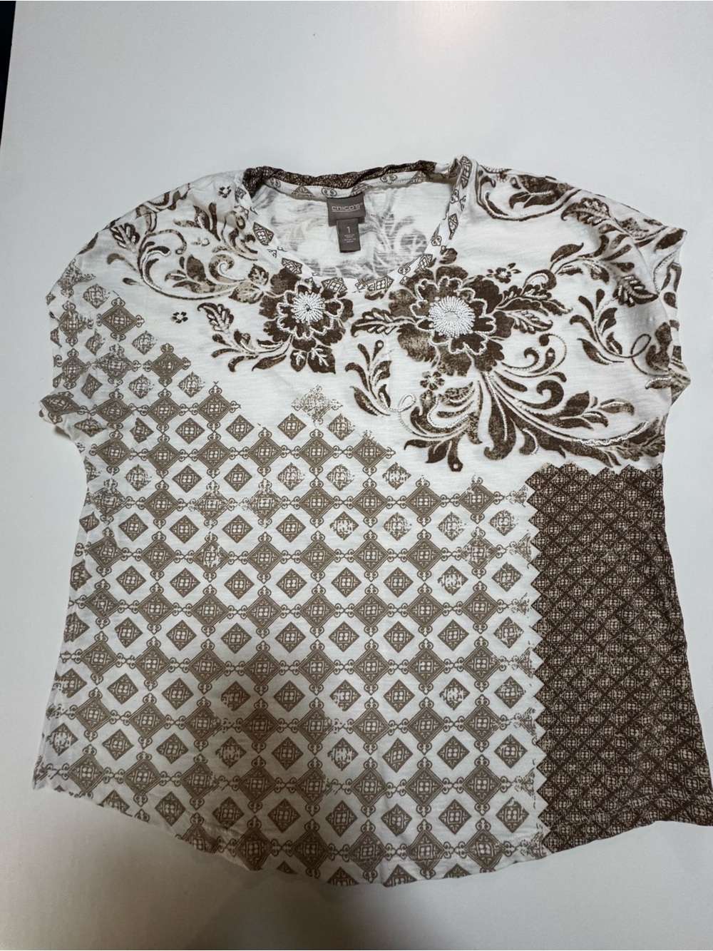 Chico's White and Brown Floral Patchwork Short-Sleeve Top, M ( tag 1)